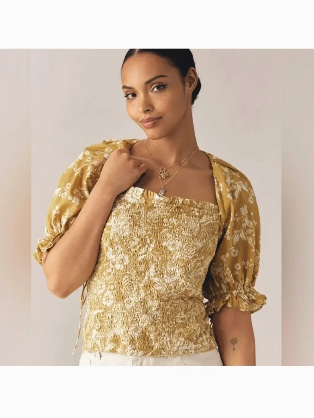 Anthropologie Seersucker Smocked Puff-Sleeve Crop Top in Chartreuse Size XL